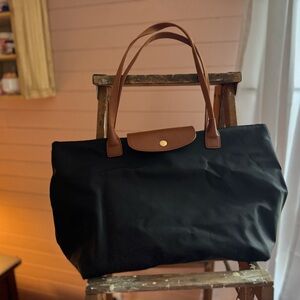 Black Tote Bag with Brown Handles